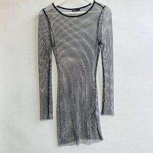 Hot & Delicious bling mesh mini long sleeves dress, Black, Size S